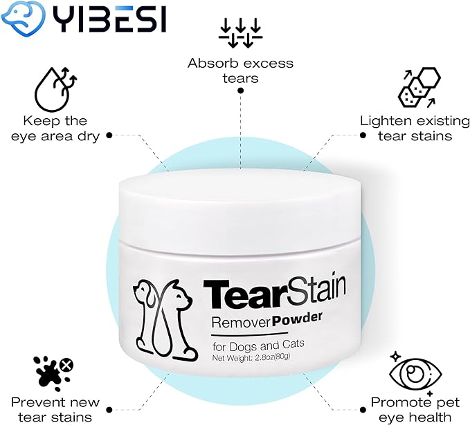 Tear Stain Remover Powder for Dogs & Cats - Gentle Formula for Absorbing Tears, Lightening & Preventing Stains - Safe and Effective -2.8 Oz.