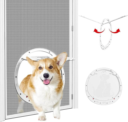 Dog Door for Screen Door, Patent Desigh Pet Screen Door with Lockable Magnetic Flap for Doggy Dog and Cat Door, White