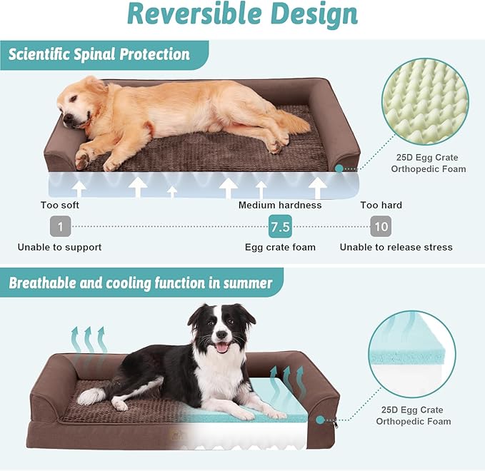Orthopedic Dog Beds for Extra Large Dogs, Waterproof Memory Foam XXL Dog Bed with Sides, Non-Slip Bottom and Egg-Crate Foam Big Dog Couch Bed with Washable Removable Cover, Brown (U-Shaped)