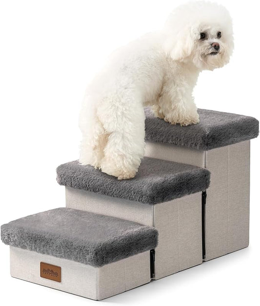 Dog Stairs for Couch with Storage 14" H, Small Dogs Foldable Ramp with Leakproof Fabric Cover, Cat Steps for Low Bed and Sofa, Lightweight, Comfort, 24.8x13x13.58in, Grey, 3 Tiers