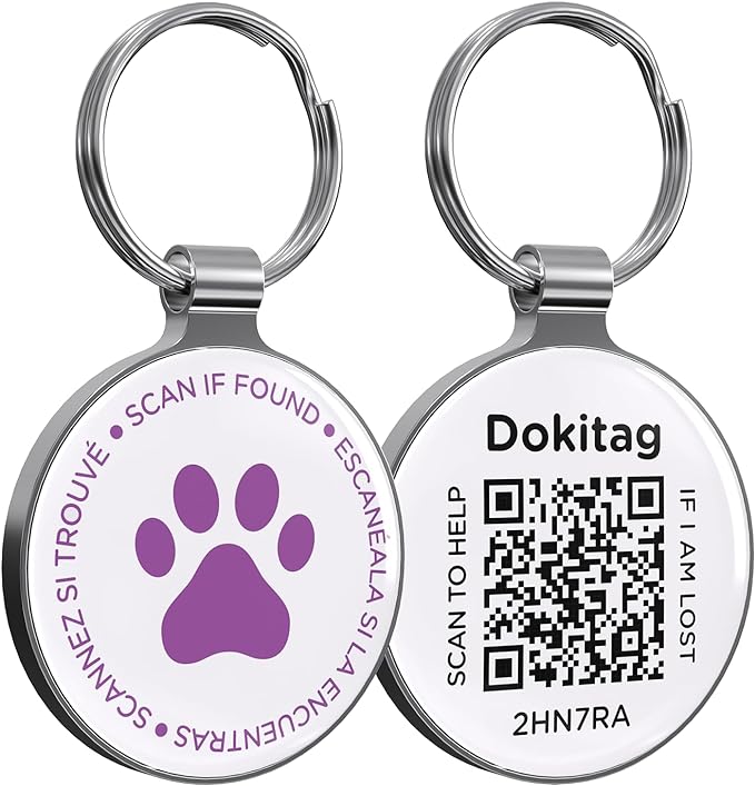 QR Code Dog Tag, QR Code Pet ID Tag, Dog ID Tag, Pet Online Profile - Scan QR Receive Instant Pet Location Alert Email, Lightweight Zinc Alloy Dog Tag (Purple, Regular)