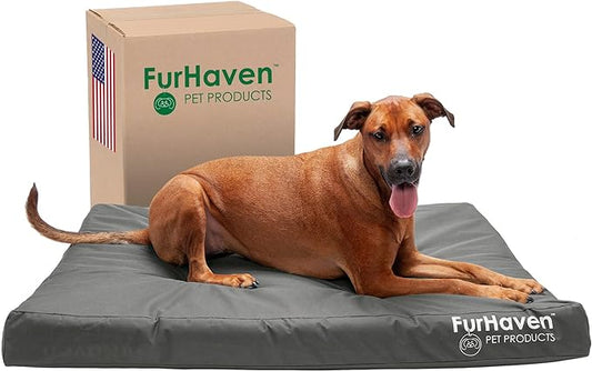 Furhaven Water-Resistant Orthopedic Dog Bed for Large Dogs w/ Removable Washable Cover, For Dogs Up to 95 lbs - Indoor/Outdoor Logo Print Oxford Polycanvas Mattress - Stone Gray, Jumbo/XL