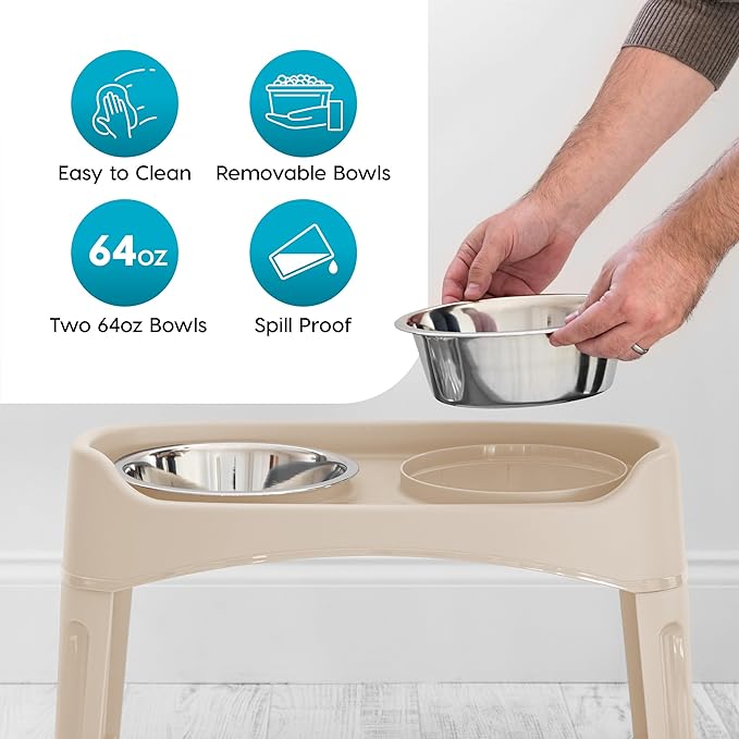 IRIS USA Elevated Dog Bowls, Adjustable Height, 2 Thick 64 oz Stainless Steel Bowls, Spill-Proof with Raised Outer Rim, Durable Made in USA Plastic, Easy Assemble, 2 Heights 4.63" or 12.25" Almond