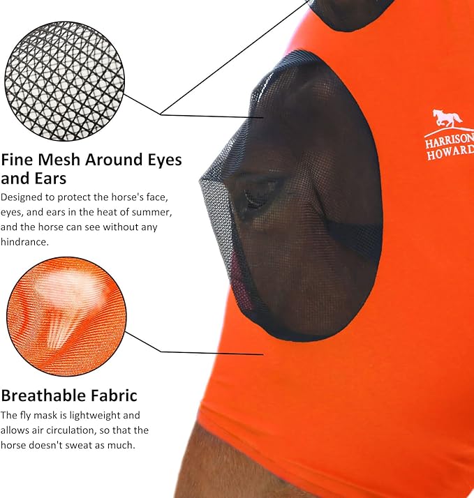 Harrison Howard Super Comfort Stretchy Fly Mask Large Eye Space with UV Protection Soft on Skin with Breathability Vibrant Orange XL
