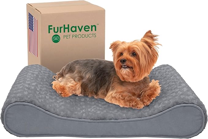Furhaven Memory Foam Dog Bed for Medium/Small Dogs w/ Removable Washable Cover, For Dogs Up to 23 lbs - Ultra Plush Faux Fur & Suede Luxe Lounger Contour Mattress - Gray, Medium