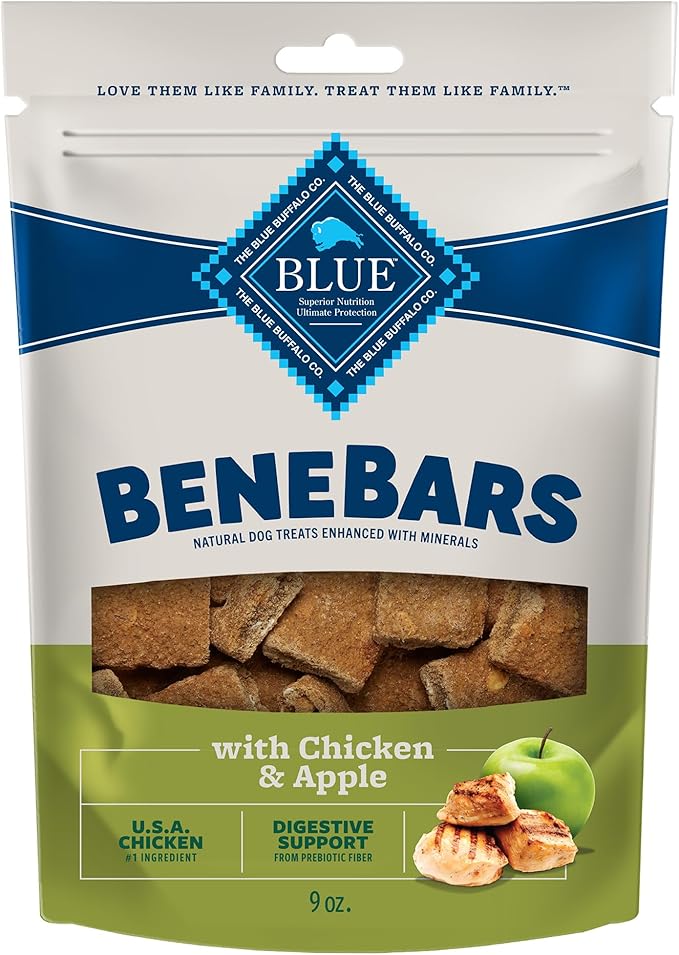 Blue Buffalo BeneBars Digestive Support Dog Treats with Prebiotic Fiber, Made with Natural Ingredients, USA Chicken & Apple, 9-oz. Bag