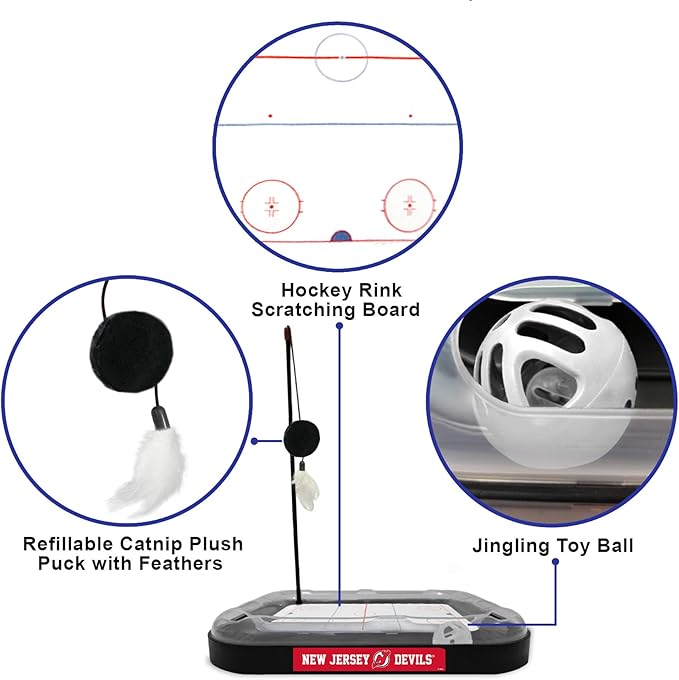 Pets FIrst Cat Scratching Toy NHL New Jersey Devils Hockey Field Cat Scratcher Tiy with Interactive Cat Ball Bell in Tracks. 5-in-1 CAT Toy