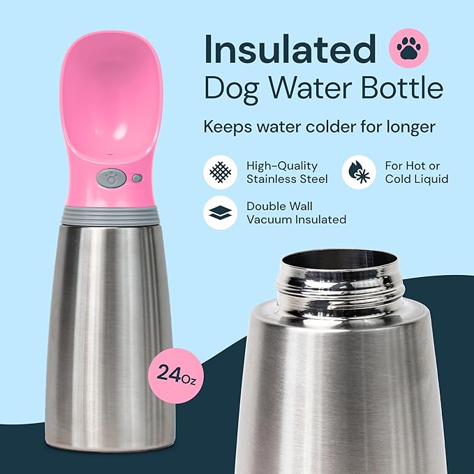 MalsiPree Stainless Steel Dog Water Bottle, Leak Proof Portable Puppy Water Dispenser with Drinking Feeder for Pets Outdoor Walking, Hiking, Travel (24OZ, Pink)