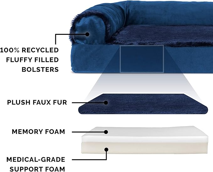 Furhaven Memory Foam Dog Bed for Medium/Small Dogs w/ Removable Bolsters & Washable Cover, For Dogs Up to 35 lbs - Plush & Velvet L Shaped Chaise - Deep Sapphire, Medium