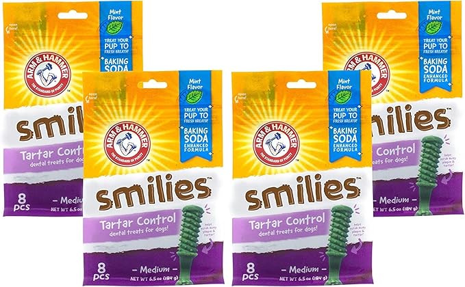 Arm & Hammer for Pets Smilies Dental Chews for Dogs | Dental Chews Fight Bad Dog Breath, Plaque & Tartar Without Brushing | Fresh Mint Flavor, 8 Pieces Dog Dental Treats, 4 Pack