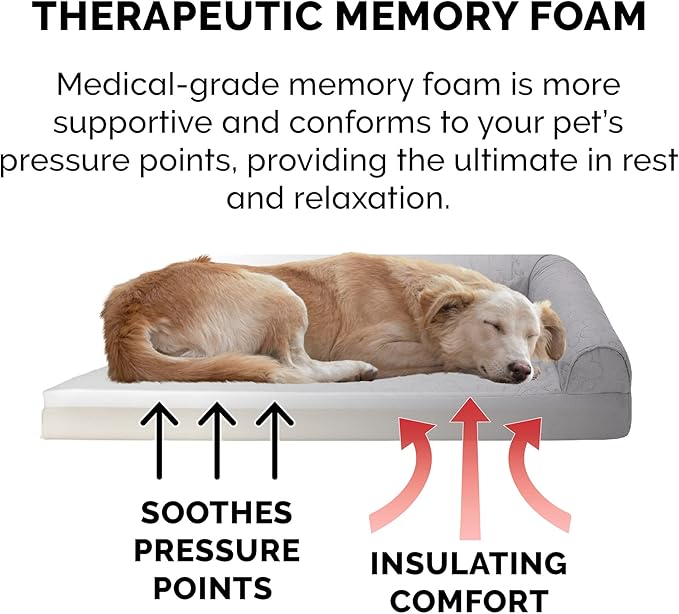 Furhaven Memory Foam Dog Bed for Large Dogs w/ Removable Bolsters & Washable Cover, For Dogs Up to 95 lbs - Pinsonic Quilted Paw L Shaped Chaise - Titanium, Jumbo/XL