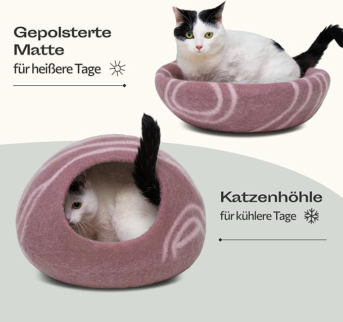 MEOWFIA Premium Felt Cat Bed Cave - Handmade 100% Merino Wool Bed for Cats and Kittens (Light Shades) (Large, Pink)