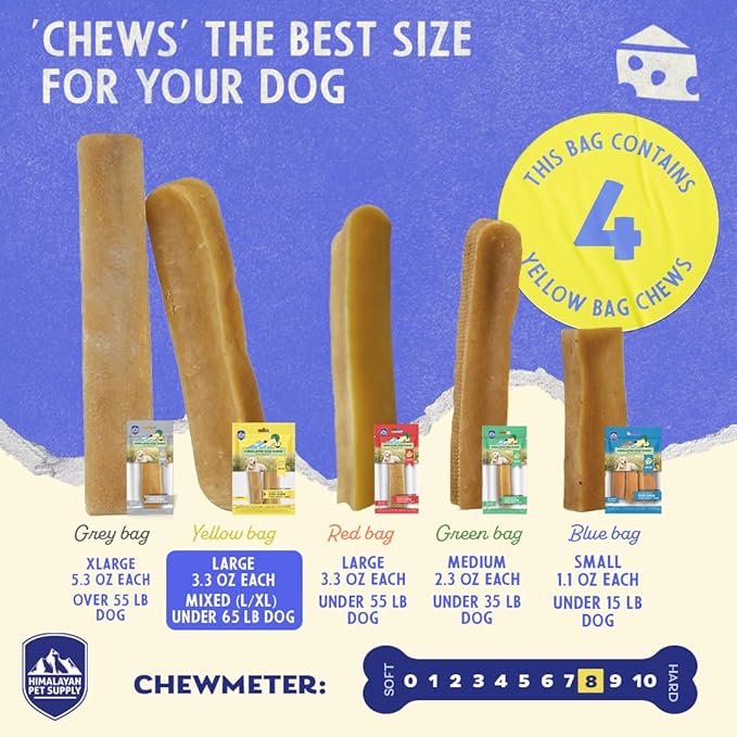 Himalayan Dog Chew Premium Yak Cheese Himalayan Dog Chews, Cheese, 4 XL/Large Treats, 3.3 oz, Dog Treats Large Breed, All Natural, Long Lasting Dog Chews for Aggressive Chewers, Dogs Under 65 lbs