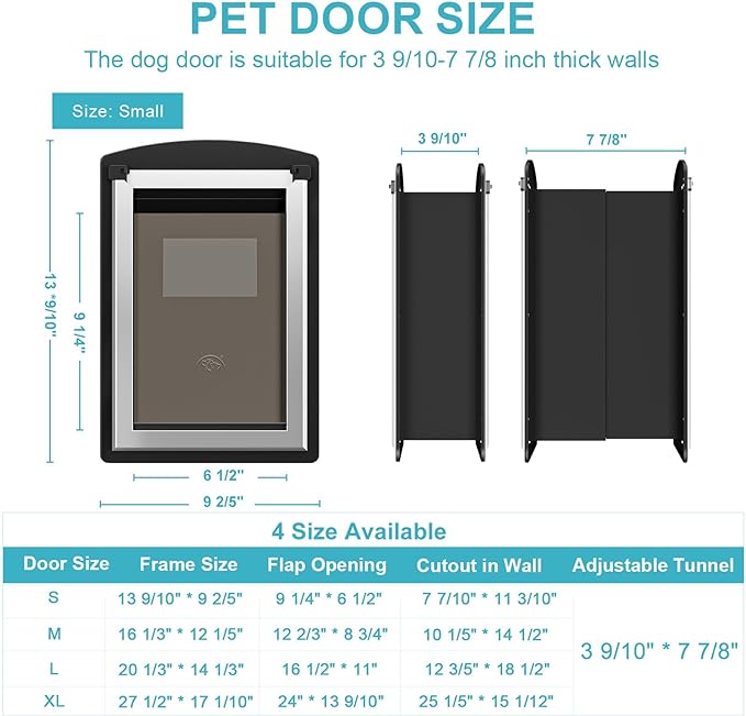 Cat Door for Exterior Wall, Metal Frame and Telescopic Tunnel Pet Door, Double Magnetic Flaps Cat Door and Dog Door, Easy to Install, Black (Pets Up to 22 Lb)-Small