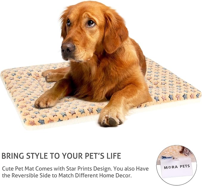 Mora Pets Dog Bed Crate Pad Ultra Soft Pet Bed with Cute Star Print Washable Crate Mat for Large Medium Small Dogs Reversible Fleece Dog Crate Kennel Mat Cat Bed Liner 41 x 29 inch Brown