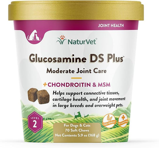 NaturVet – Glucosamine DS Plus - Level 2 Moderate Care – Supports Healthy Hip & Joint Function – Enhanced with Glucosamine, MSM & Chondroitin – for Dogs & Cats–70 Soft Chews