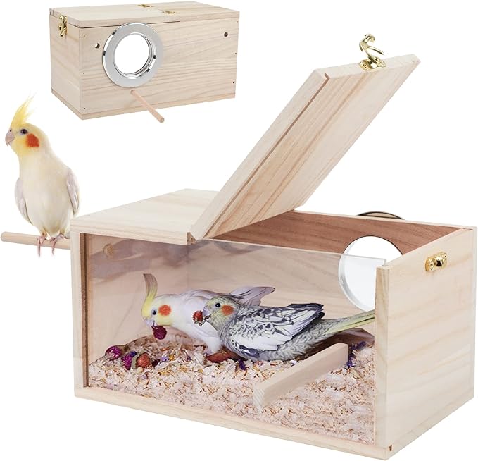 Rypet Parakeet Nesting Box Transparent Design, Bird Nest Breeding Box with Perch Wood Bird Cage House for Cockatiel Lovebirds Budgie Finch Parrotlets Canary