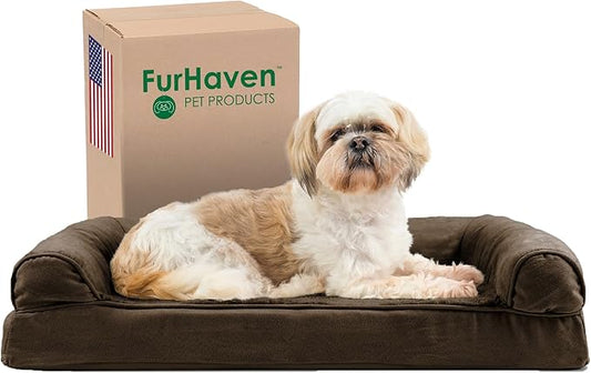Furhaven Orthopedic Dog Bed for Medium/Small Dogs w/ Removable Bolsters & Washable Cover, For Dogs Up to 35 lbs - Plush & Suede Sofa - Espresso, Medium