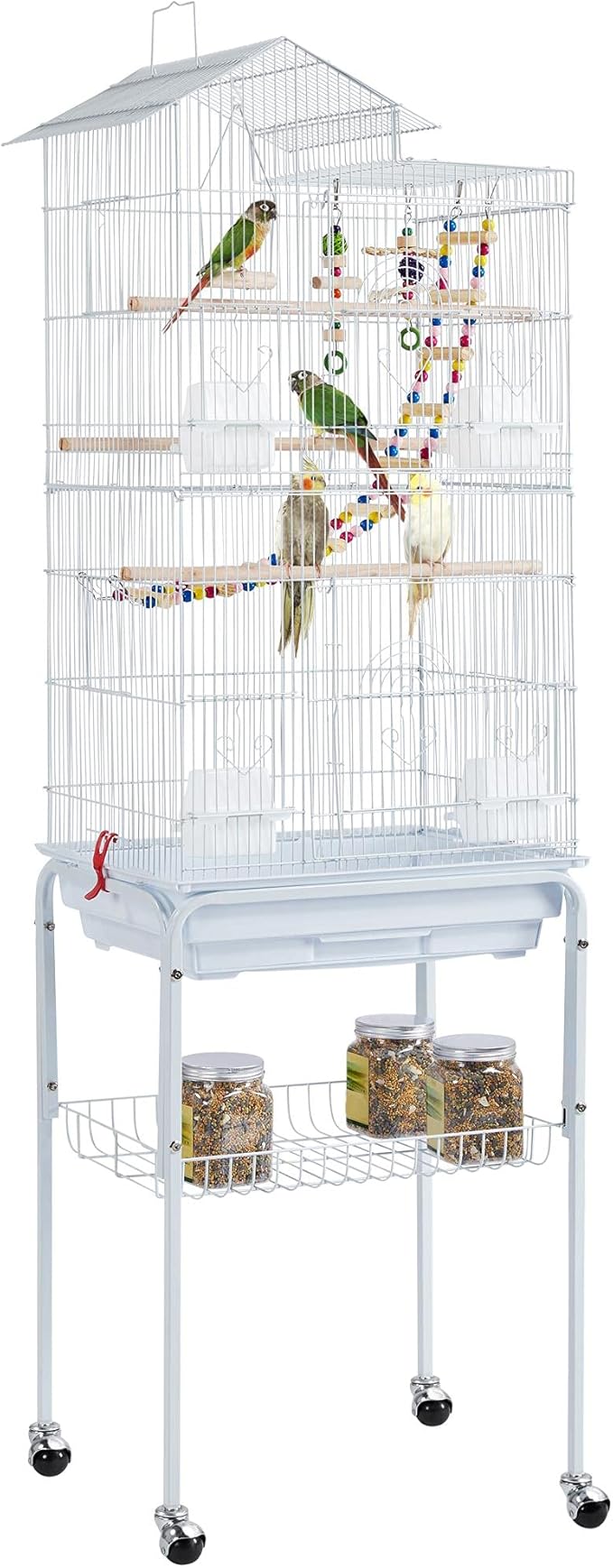 Yaheetech 62.4-inch Roof Top Flight Bird Cage for Parakeets Cockatiels Conures Finches Lovebirds Canaries Budgies Small Parrots, Large Birdcage with Detachable Rolling Stand, White