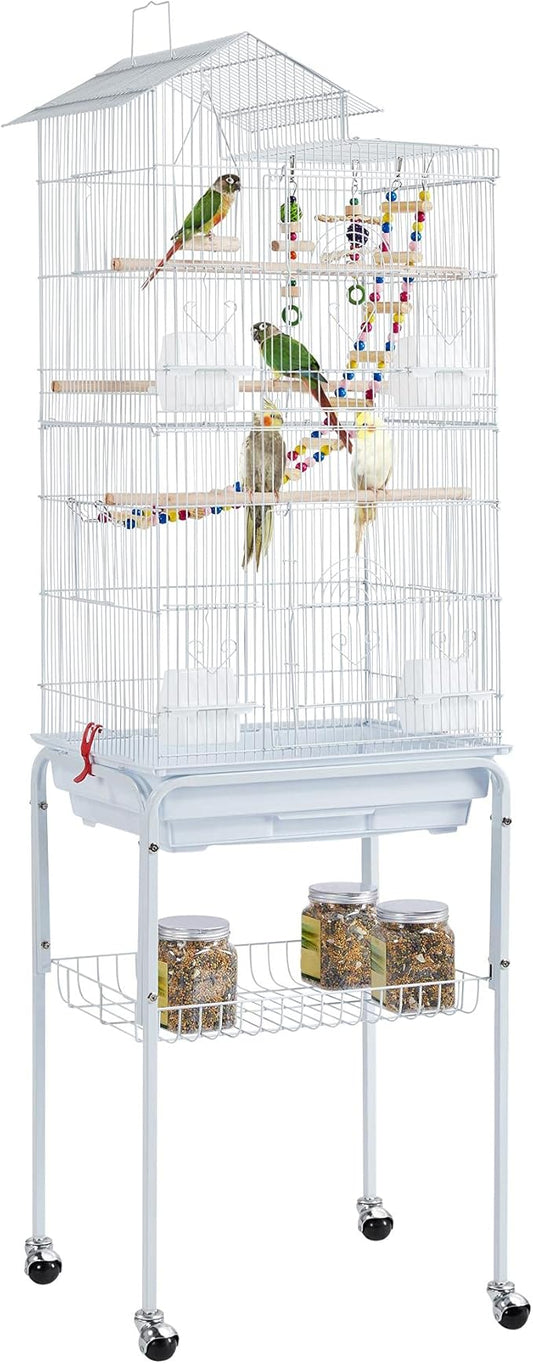 Yaheetech 62.4-inch Roof Top Flight Bird Cage for Parakeets Cockatiels Conures Finches Lovebirds Canaries Budgies Small Parrots, Large Birdcage with Detachable Rolling Stand, White