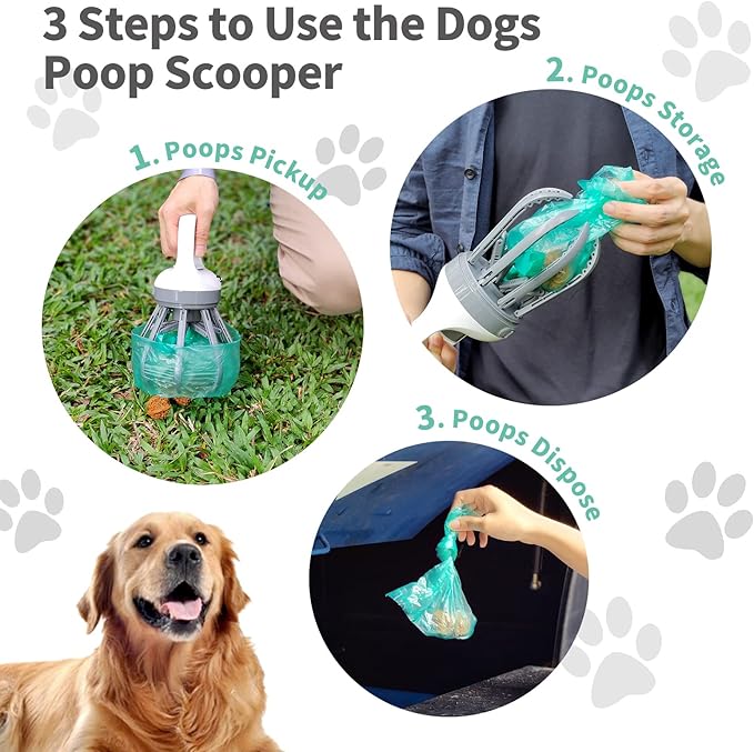 Pooper Scooper for Dogs, 【No Warm Poo in Hand】 Portable 2 in 1 Dog Waste Pick-up Claw, 6.2'' Palm Wide Dog Poo Later Disposal Container for Small Medium Large Dogs with 75PCS Bag Attachment