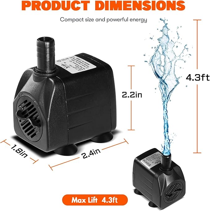 Simple Deluxe 4.3ft High Lift 160GPH 8W Water Table Pump (600L/H) with 2 Nozzles, Perfect for Fish Tank, Pond, Aquarium, Hydroponics, Black