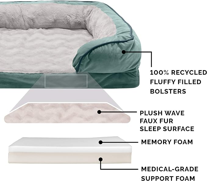Furhaven Memory Foam Dog Bed for Large/Medium Dogs w/ Removable Bolsters & Washable Cover, For Dogs Up to 55 lbs - Plush & Velvet Waves Perfect Comfort Sofa - Celadon Green, Large