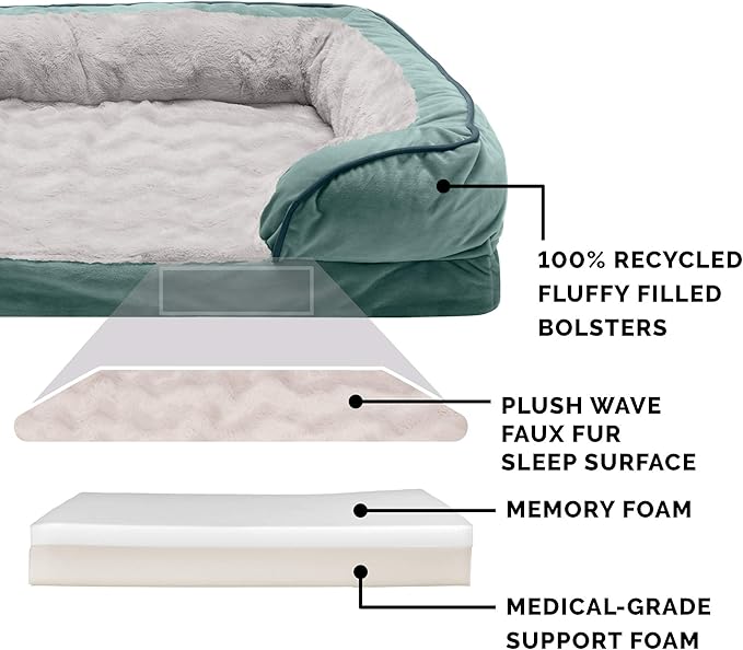 Furhaven Memory Foam Dog Bed for Medium/Small Dogs w/ Removable Bolsters & Washable Cover, For Dogs Up to 35 lbs - Plush & Velvet Waves Perfect Comfort Sofa - Celadon Green, Medium