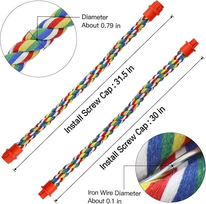 Bird Rope Perches for Parrots, Cockatiels, Parakeets, Budgie Cages Comfy Birds Colorful Rope Toy (31.5inch Plastic nut)