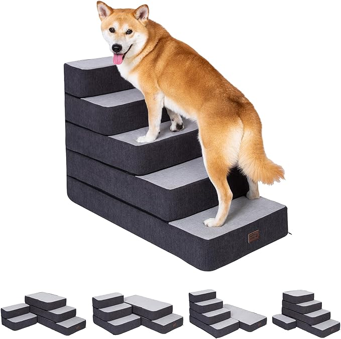 Dog Stairs for Small Dogs, Stitching Foam Pet Steps Extra Wide for High Beds Sofas and Chairs, DIY Pet Stairs Anti-skid Folding Dog Steps for Large Dog and Cats,5 Step, Grey