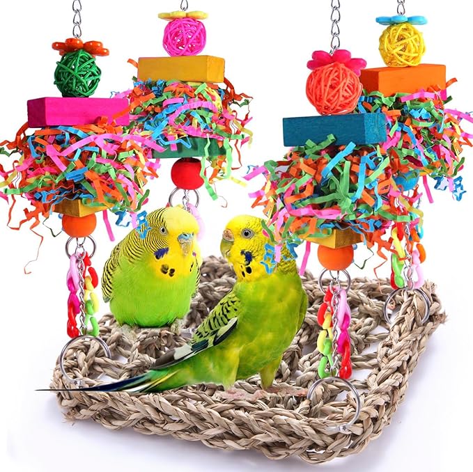 Parakeet Toys Bird Toys Conure Toys Birdcage Stands Bird Foraging Wall Seagrass Woven Hammock Swing Mat for Lovebirds,Cockatiel,Budgie and other Small to Middle Birds