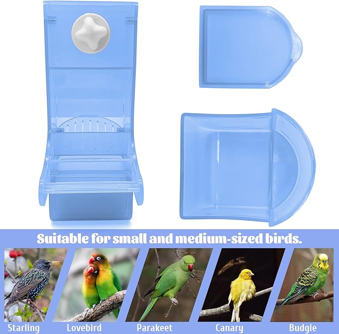 Hamiledyi Parrot Automatic Feeder No Mess Bird Feeder for Cage Parakeet Seed Food Container Plastic Lovebirds Cage Accessories for Small Conures Budgies Canary Finches(Blue)