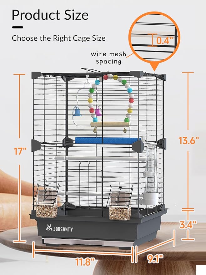 17 Inch Small Square Metal Pet Bird Cage, Parrot Cage, Bird Carrier Travel Cage, with Bird Standing Stick, Swing, Water Feeder, Easy to Clean, for Budgies, Zebra Finches and Other Small Birds