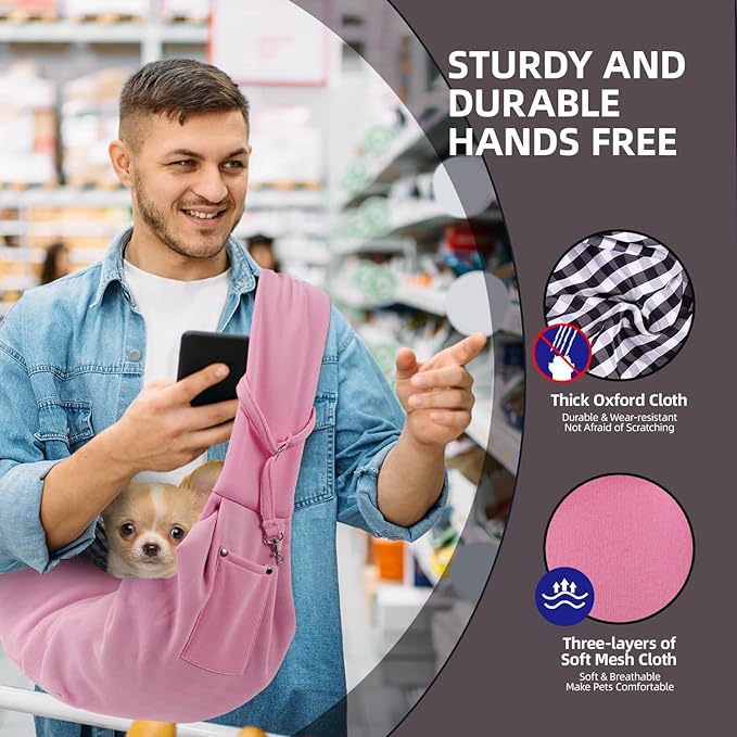 Dog Carrier Sling - Reversible Puppy Carrier Purse with Storage Pocket, Hand-Free Dog Sling Carrier for Carry Small Dogs and Cats，Travel Safety Harness, Dog and cat Harness (Pink)