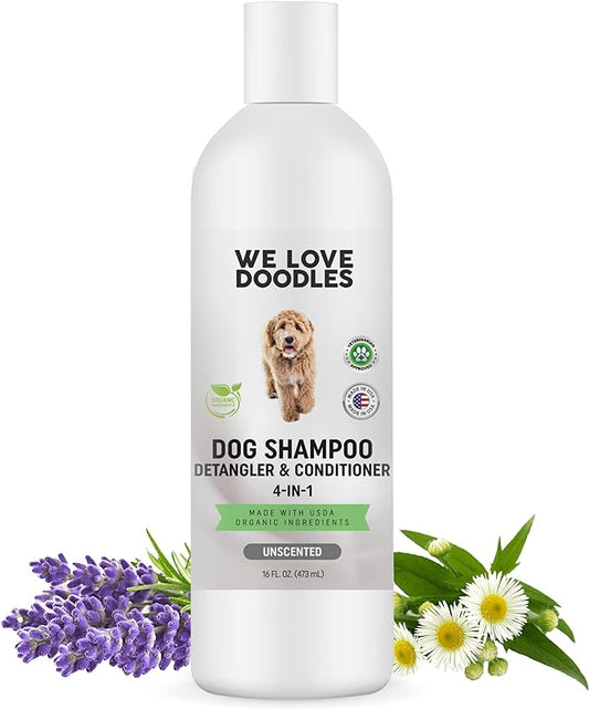 USDA Organic Dog Shampoo, Conditioner & Detangler - Best Shampoo for Goldendoodles, Poodles & Doodles - for Matted Pet Hair - Sensitive Skin Shampoo for Puppies - Made in The USA, 16OZ (Unscented)