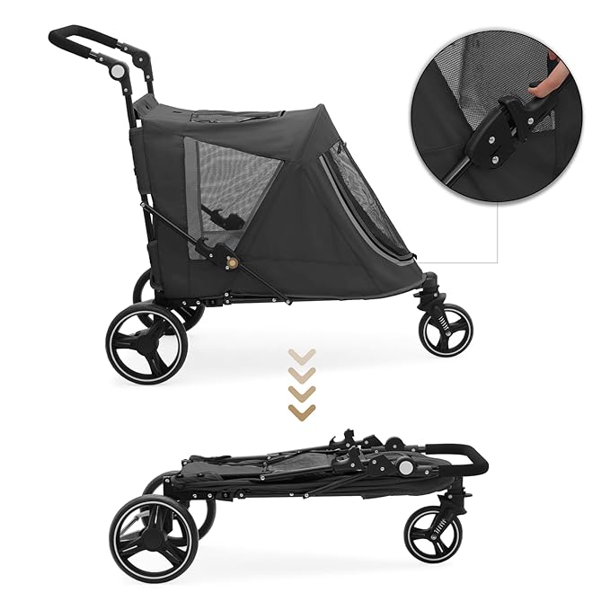 MoNiBloom Pet Stroller for Large Dogs or Multiple Dogs Cats with Adjustable Handle, 3-Wheels Dual Entry Portable Dog Carting Easy Folding Pet Wagon Double Dog Stroller up to 55 lbs, Black