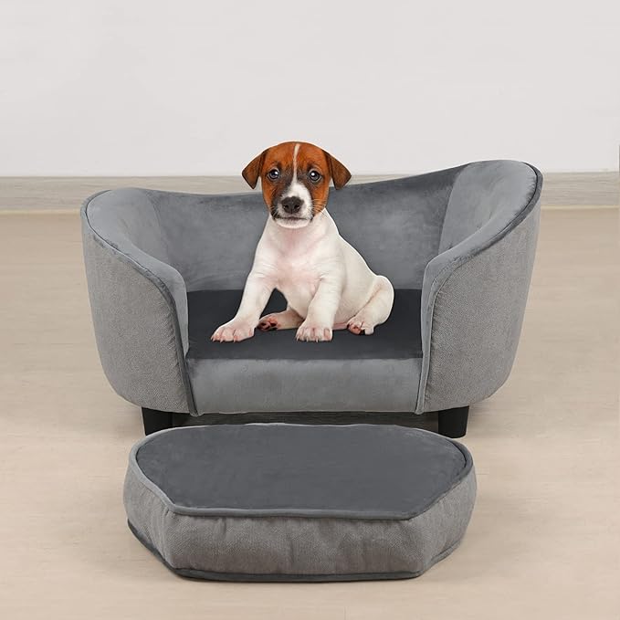 Pet Sofa Bed, Velvet & Linen Fabric Pet Couch Chair with Removeable & Washable Cushion for Small Dogs Cats (Light gray)
