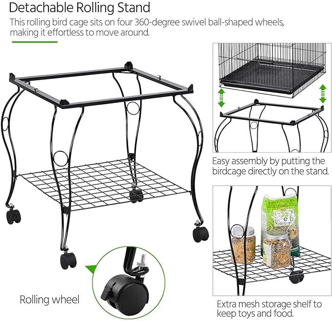 Yaheetech 59-Inch Rolling Standing Medium Dome Open Top Bird Cage for Parrots Cockatiels Sun Conures Parakeets Lovebirds Budgies Finches Canary Pet Bird Cage with Removable Stand