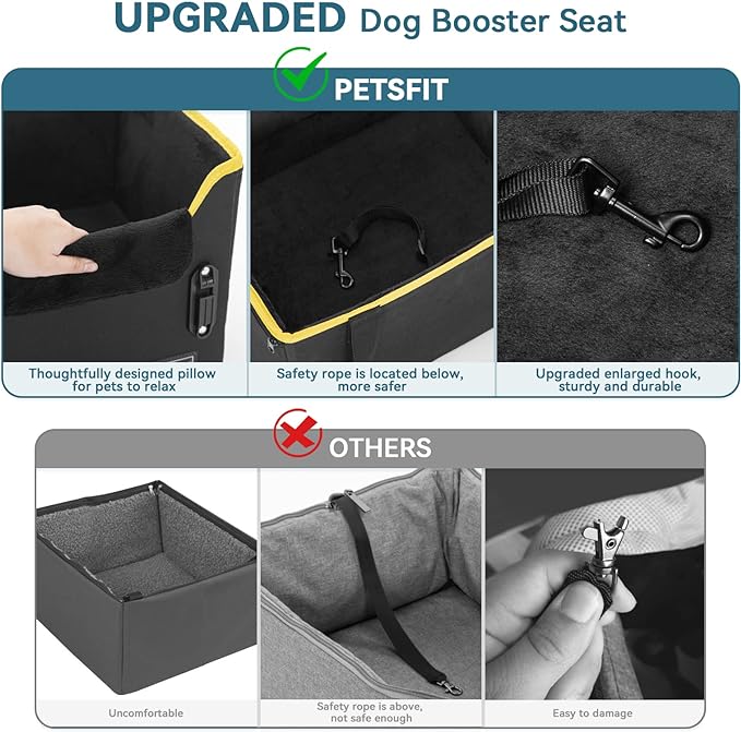 Petsfit Dog Car Seats for Small Dogs, Puppy Stable Pet Car Seat for Car with Clip-On Leash, Fleece Liner Suitable for Small Pets Up to 25lbs (Black)