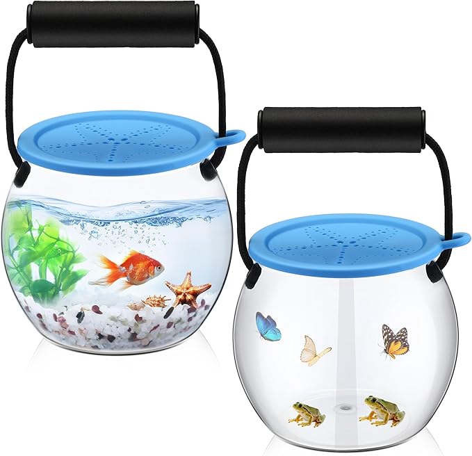 Dreyoo 2 Pack Catch and Release Plastic Beach Aquarium Kit, Portable Clear and Transparent Fish Bowl for Ocean Adventure, 0.8 Gallon Outdoor Starfish Aquarium Kit Ideal for Beach, Pool and Lake