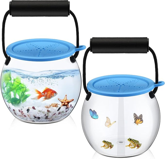 Dreyoo 2 Pack Catch and Release Plastic Beach Aquarium Kit, Portable Clear and Transparent Fish Bowl for Ocean Adventure, 0.8 Gallon Outdoor Starfish Aquarium Kit Ideal for Beach, Pool and Lake