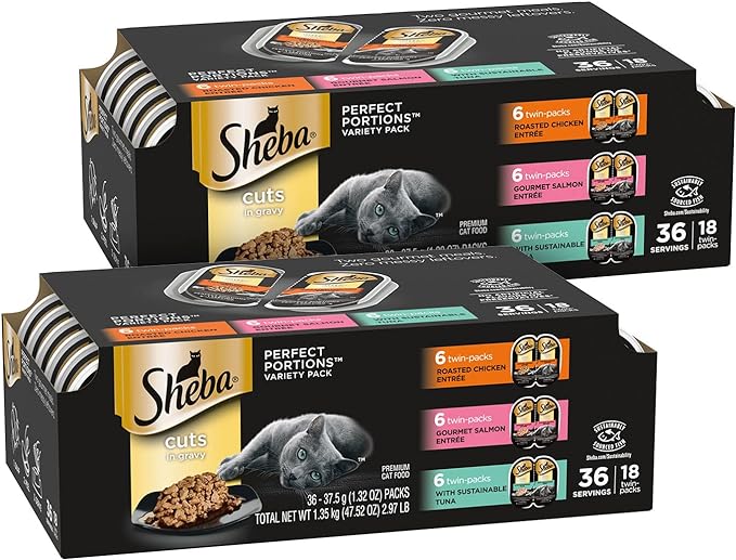 SHEBA PERFECT PORTIONS Cuts in Gravy Adult Wet Cat Food Trays, Roasted Chicken, Gourmet Salmon, and Sustainable Tuna Entrée, Easy Peel Twin-Pack - 18 Count (Pack of 2)