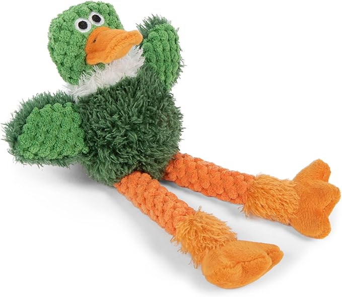 goDog Checkers Just for Me Skinny Duck Squeaky Plush Dog Toy, Chew Guard Technology - Green, Mini