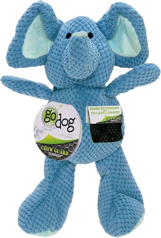 goDog Checkers Elephant Squeaky Plush Dog Toy, Chew Guard Technology - Blue, Large