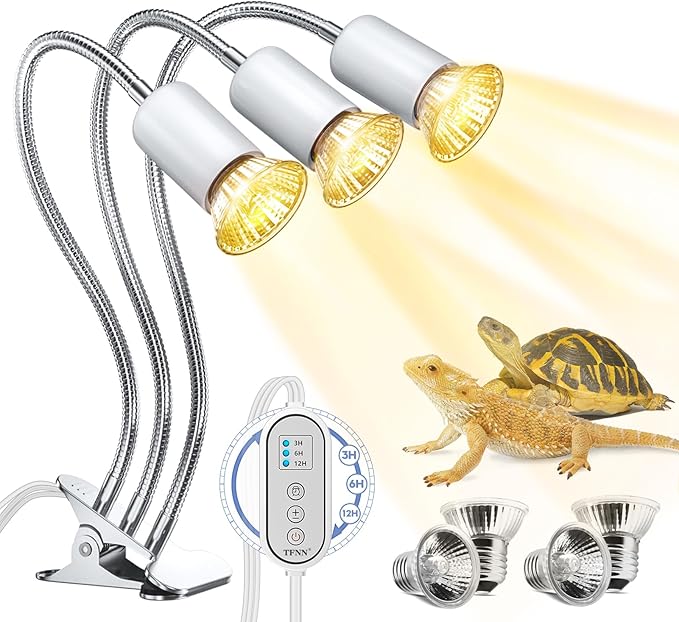 2023 Upgrade Reptile Heat Lamp, Three Head Reptile Light with Cycle Timer,UVA UVB light, dimmable Basking lamp for Tortoise, Bearded Dragon, Lizard, Snake, E26/27 Base with 4 Bulbs (50W)-White