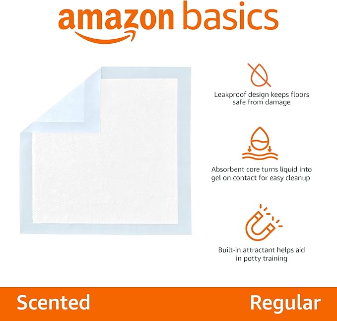 Amazon Basics Dog and Puppy Pee Pads with 5-Layer Leak-Proof Design and Quick-Dry Surface for Potty Training, Regular, 22 x 22 Inch, Scented, Pack of 100, Blue & White