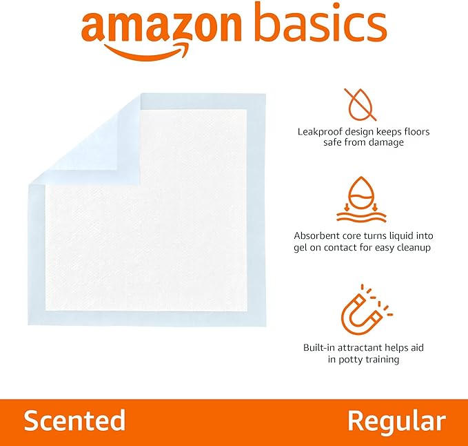 Amazon Basics Dog and Puppy Pee Pads with 5-Layer Leak-Proof Design and Quick-Dry Surface for Potty Training, Regular, 22 x 22 Inch, Scented - Pack of 150, Blue