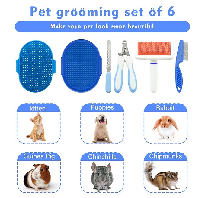 Rabbit Grooming Kit with Slicker Rabbit Brush Bath Massage Glove Brush Pet Shedding Comb Nail Clipper Trimmer 6 Piece Set for Bunny Kitten Guinea Pig Cat Chinchilla Ferret Small Animals