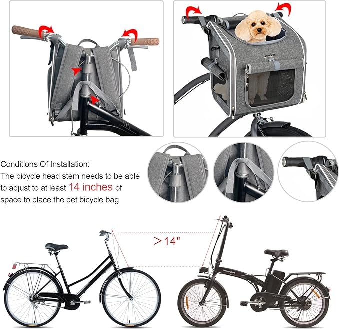 Dog Bike Basket, Expandable Soft-Sided Pet Carrier Backpack with 4 Open Doors, 4 Mesh Windows for Small Dog Cat Puppies - Grey