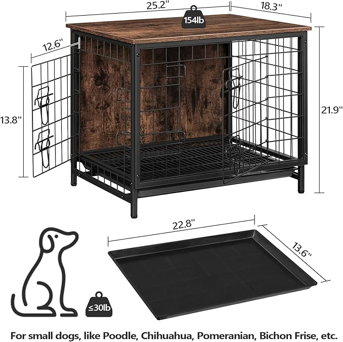 Dog Crate Furniture, Wooden Dog Kennel with Removable Tray, Heavy-Duty Dog Cage End Side Table, Indoor Dog House for Small/Medium/Large Dogs, 25.2" L, Rustic Brown DCHR0101Z